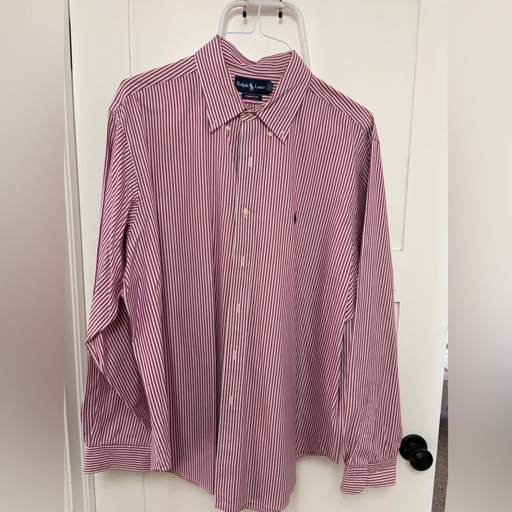 Ralph Lauren Men's Red and White Striped Dress Shirt‎